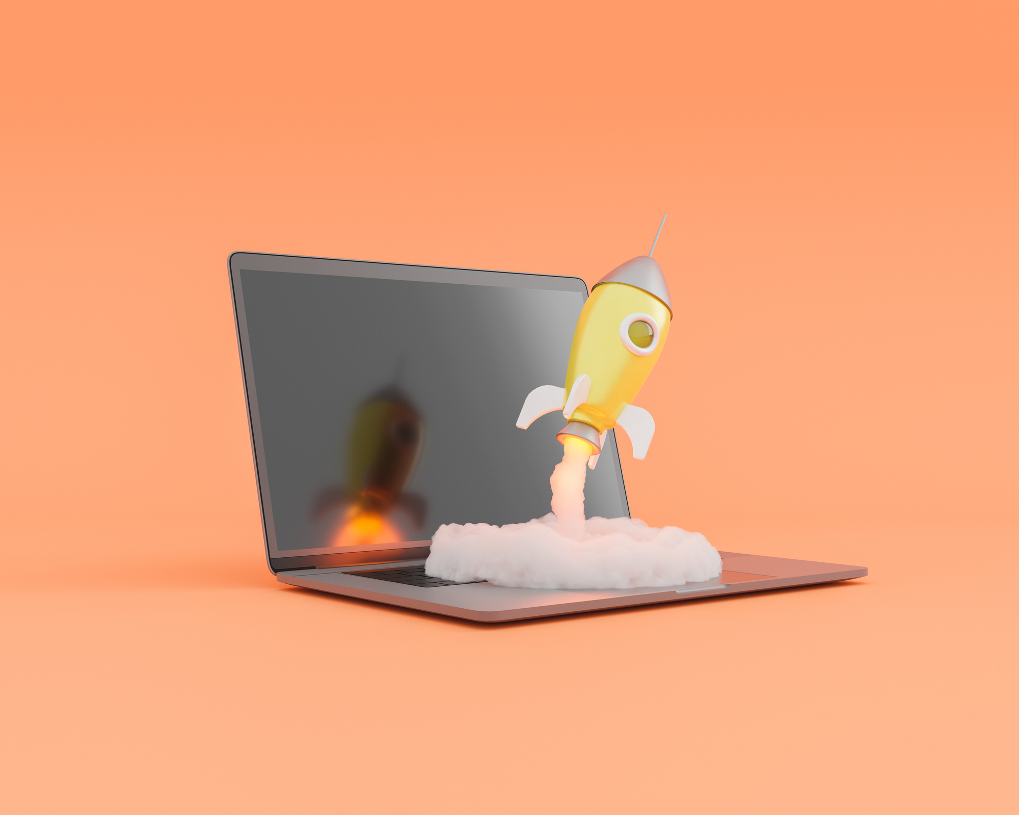 Rocket Launching from Laptop Keyboard 3D Rendering